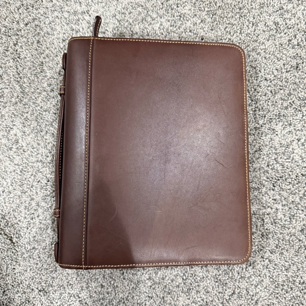 Franklin Covey 7 Ring Binder Case Brown Genuine Leather With Handle Card Slots